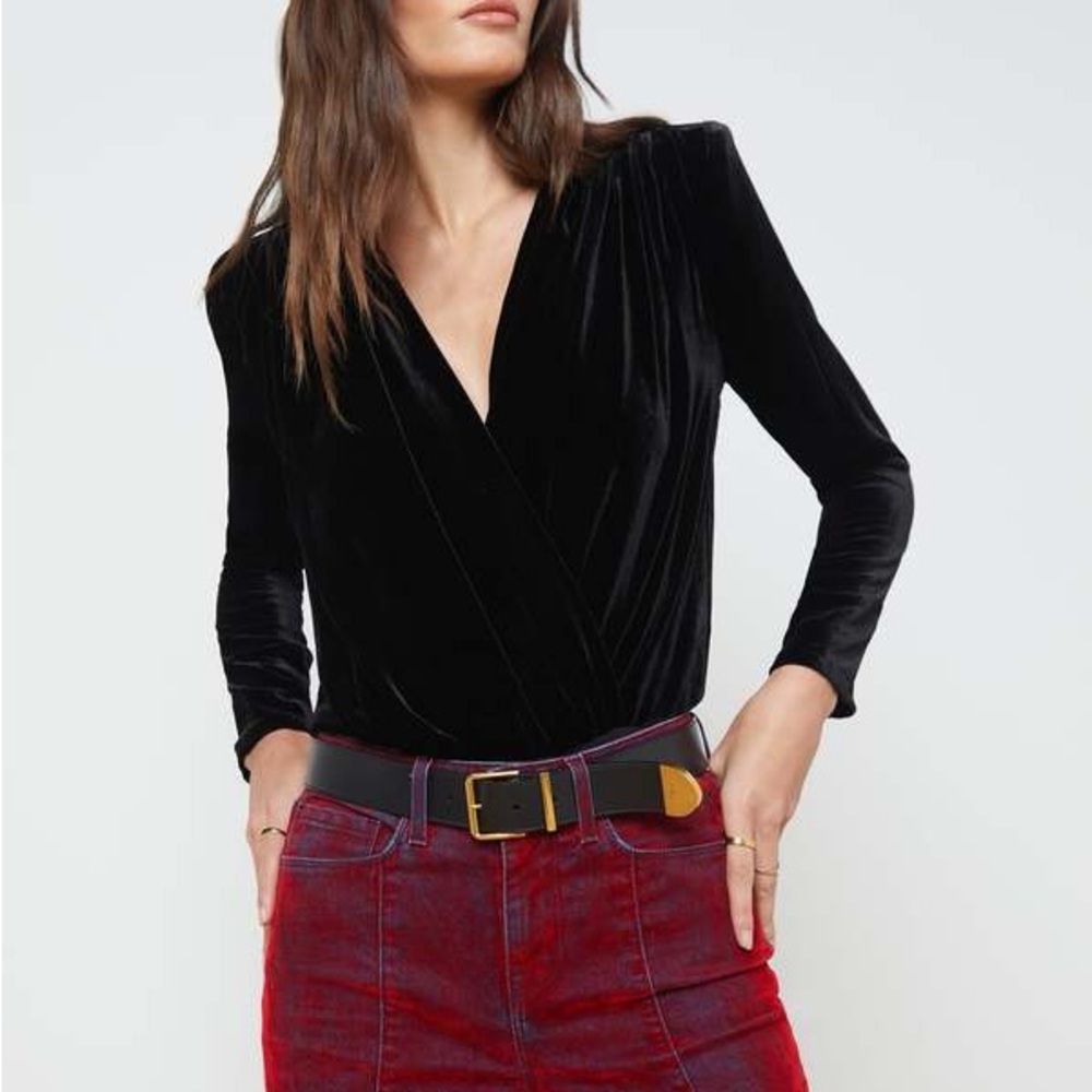 L’Agence Kallie Velvet Crossover Bodysuit Shoulder Pads Black Sz XS